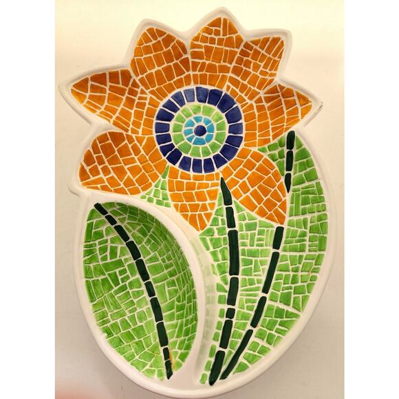 CHIP & DIP/SAUCE-COOKS CLUB-Sunflower-Mosaic-Large-Green-Orange-2 Sections - Picture 7 of 10